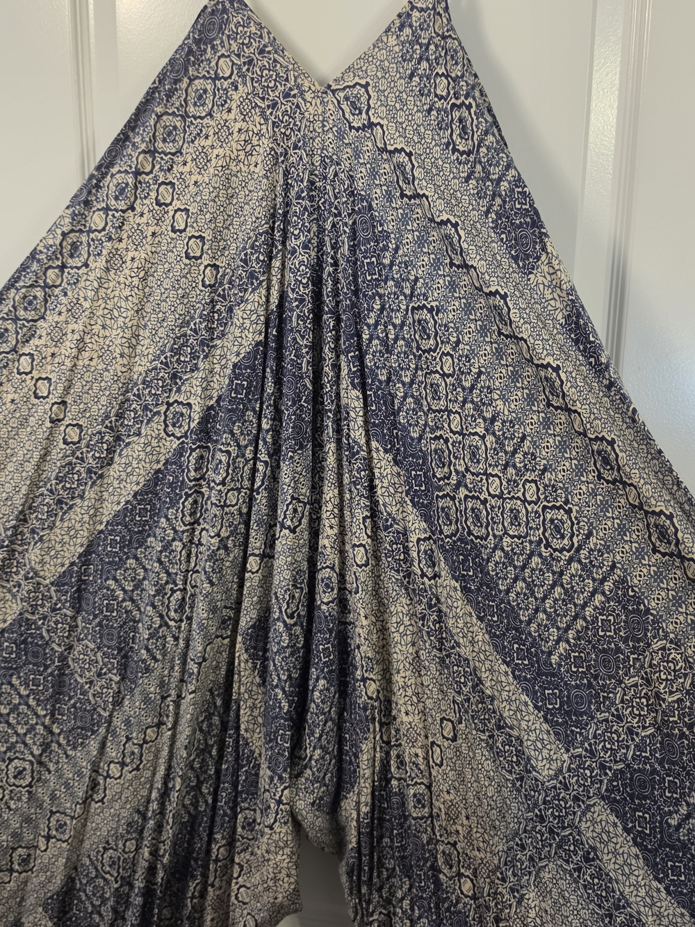 Urban Outfitters blue and beige geometric patterned wideleg jumpsuit in a S